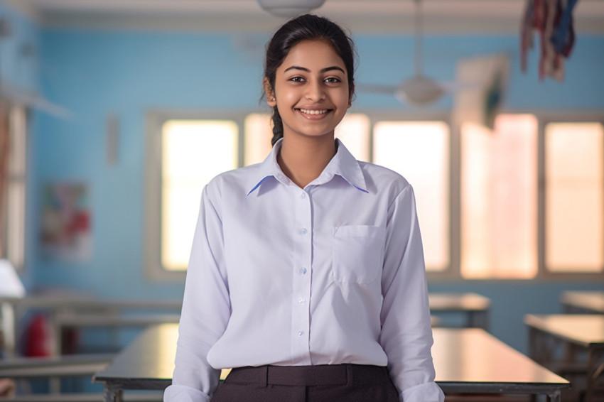 Indian female high school student working with a smile Indian female high school student working with a smile