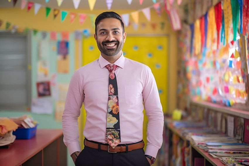 Indian male kindergarten teacher smiling at work Indian male kindergarten teacher smiling at work