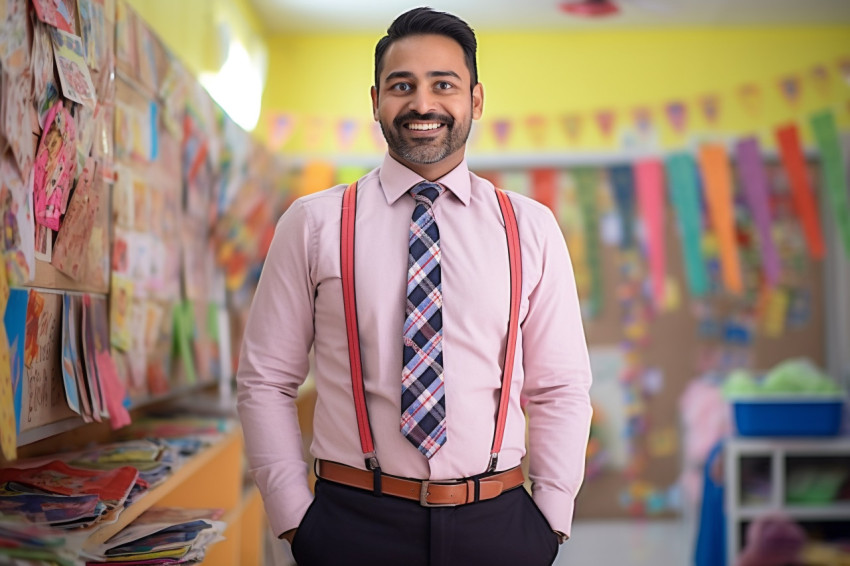 Indian male kindergarten teacher smiling at work Indian male kindergarten teacher smiling at work