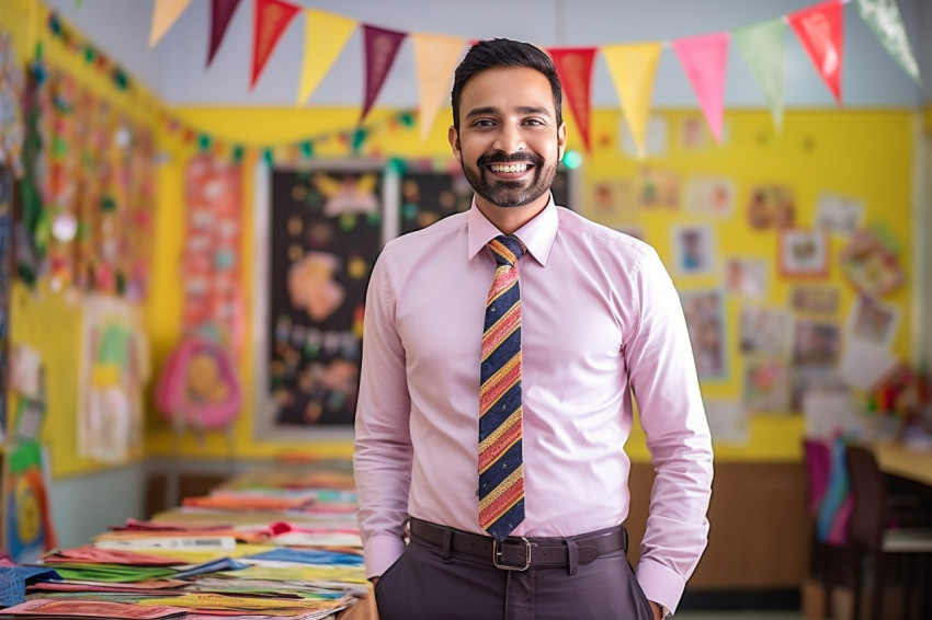 Indian male kindergarten teacher smiling at work Indian male kindergarten teacher smiling at work