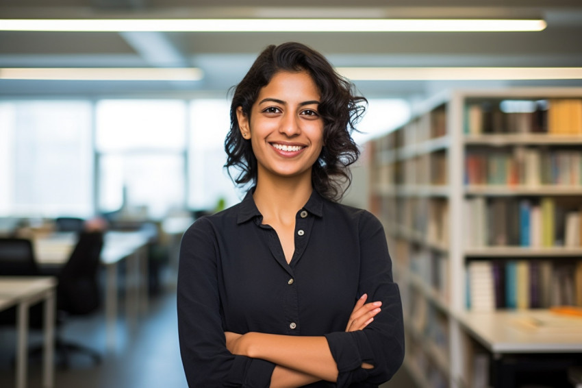 Happy international student working on blurred background Happy international student working on blurred background