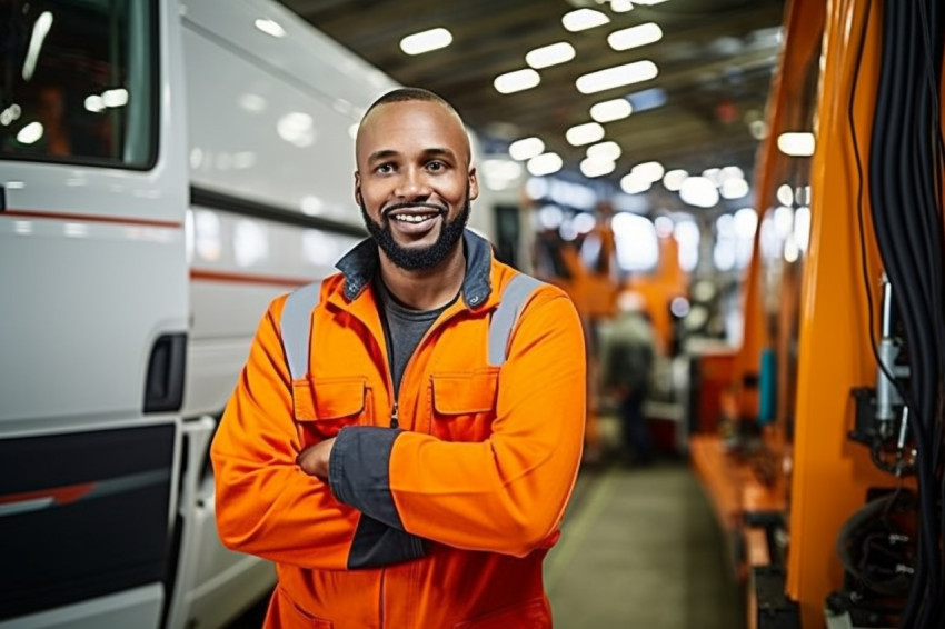 Skilled bus mechanic working with a smile against a blurred background Skilled bus mechanic working with a smile against a blurred background