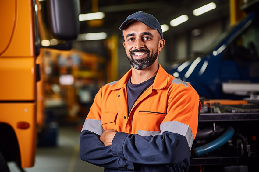 Skilled bus mechanic working with a smile against a blurred background Skilled bus mechanic working with a smile against a blurred background