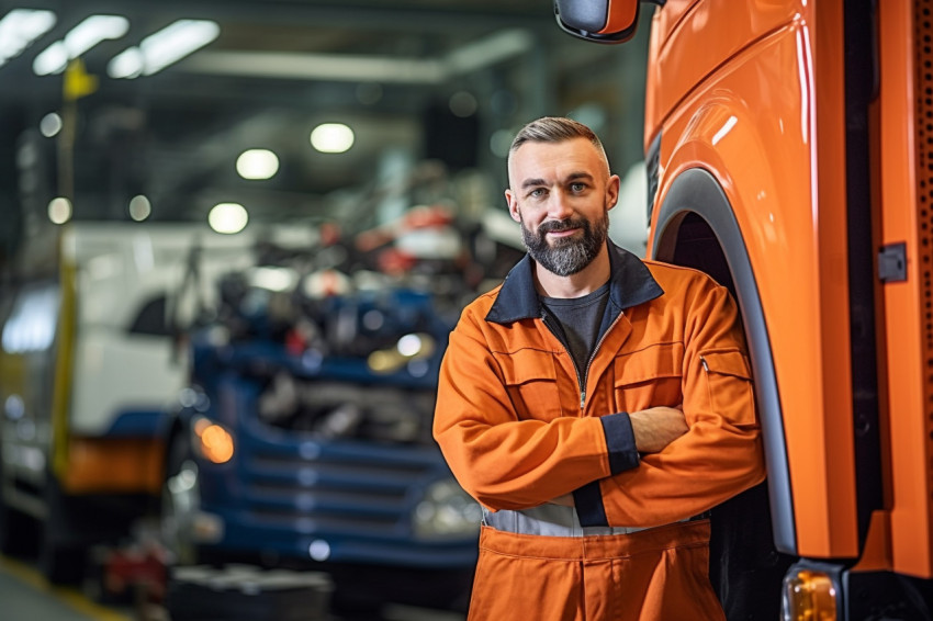 Skilled bus mechanic working with a smile against a blurred background Skilled bus mechanic working with a smile against a blurred background
