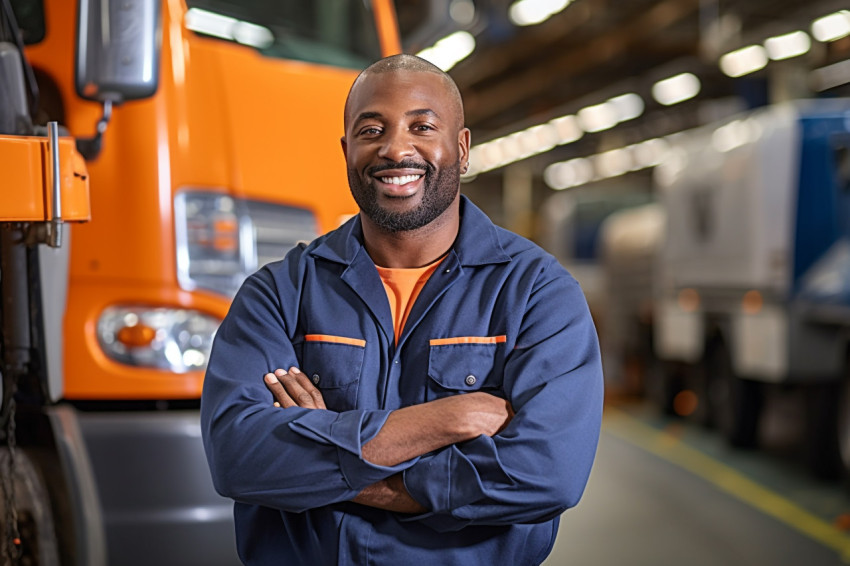 Skilled bus mechanic working with a smile against a blurred background Skilled bus mechanic working with a smile against a blurred background