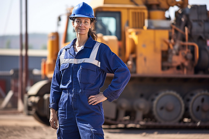 Skilled female train driver operates locomotive against a blurred background Skilled female train driver operates locomotive against a blurred background