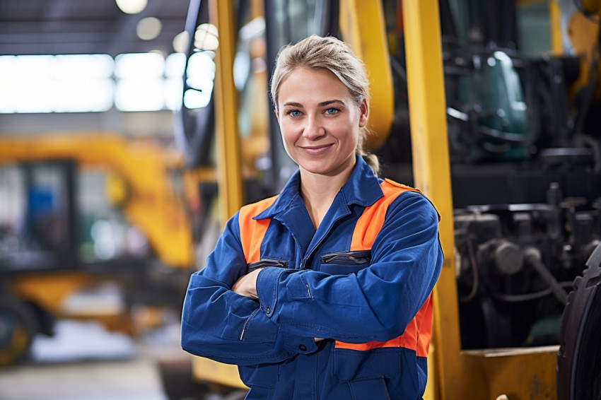 Skilled female train driver operates locomotive against a blurred background Skilled female train driver operates locomotive against a blurred background