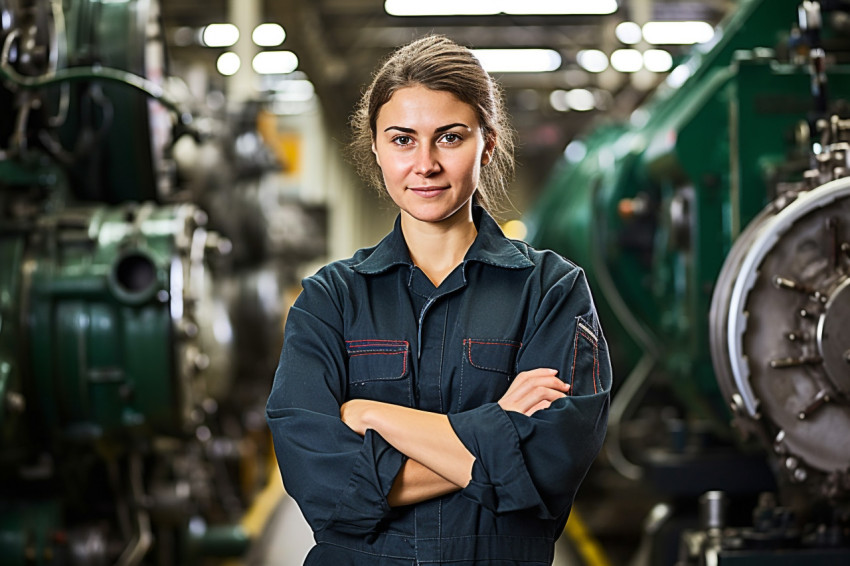 Skilled female train driver operates locomotive against a blurred background Skilled female train driver operates locomotive against a blurred background