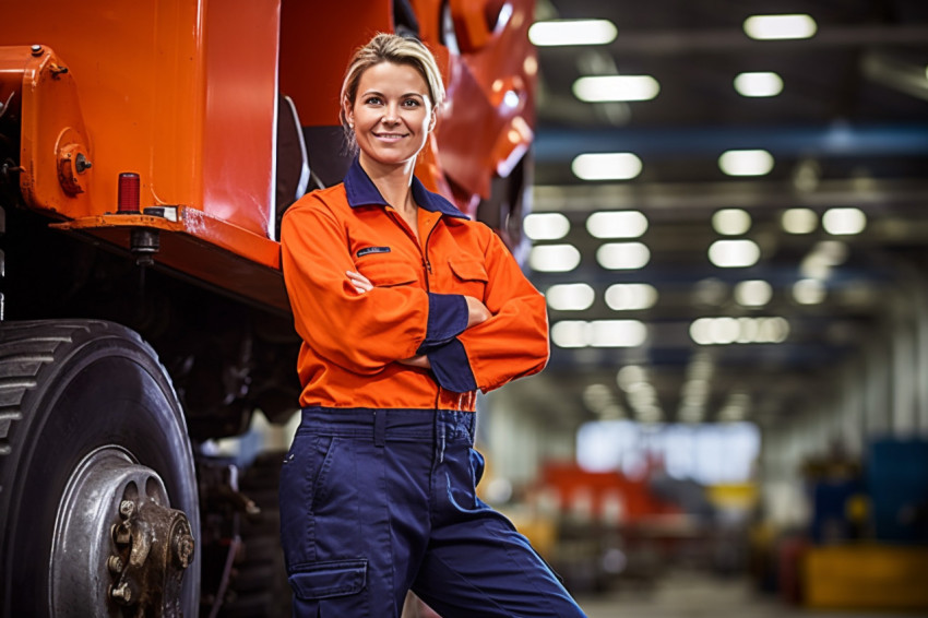 Skilled female train driver operates locomotive against a blurred background Skilled female train driver operates locomotive against a blurred background