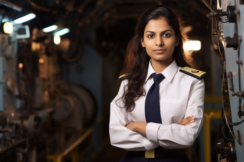 Dedicated Indian female ship captain steering vessel on blurred background Dedicated Indian female ship captain steering vessel on blurred background