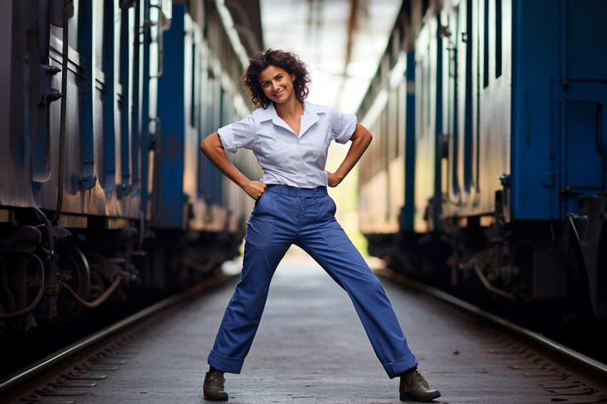 Skilled female train conductor working against a blurred background Skilled female train conductor working against a blurred background