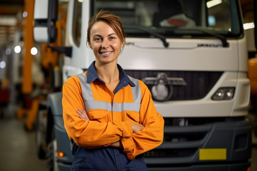 Skilled female truck mechanic expertly repairs vehicle against a blurred background Skilled female truck mechanic expertly repairs vehicle against a blurred background