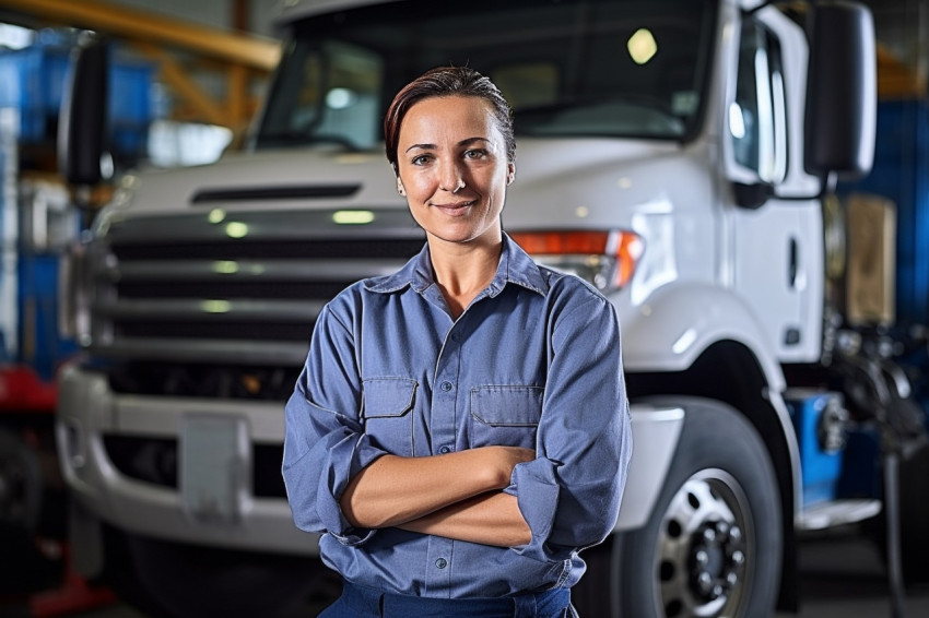 Skilled female truck mechanic expertly repairs vehicle against a blurred background Skilled female truck mechanic expertly repairs vehicle against a blurred background