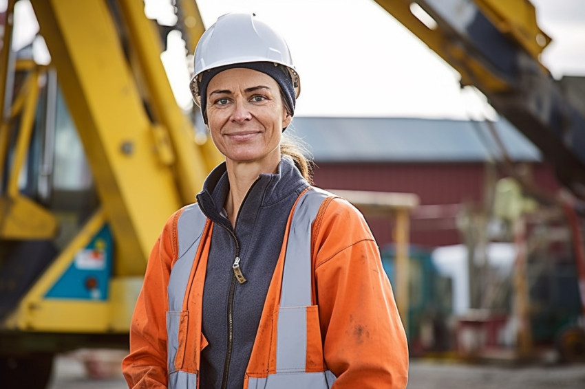 Skilled female crane operator skillfully maneuvers machinery against on a blurred background Skilled female crane operator skillfully maneuvers machinery against on a blurred background
