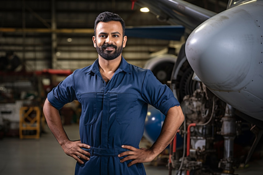 Skilled Indian aircraft mechanic working with a focused expression on a blurred background Skilled Indian aircraft mechanic working with a focused expression on a blurred background