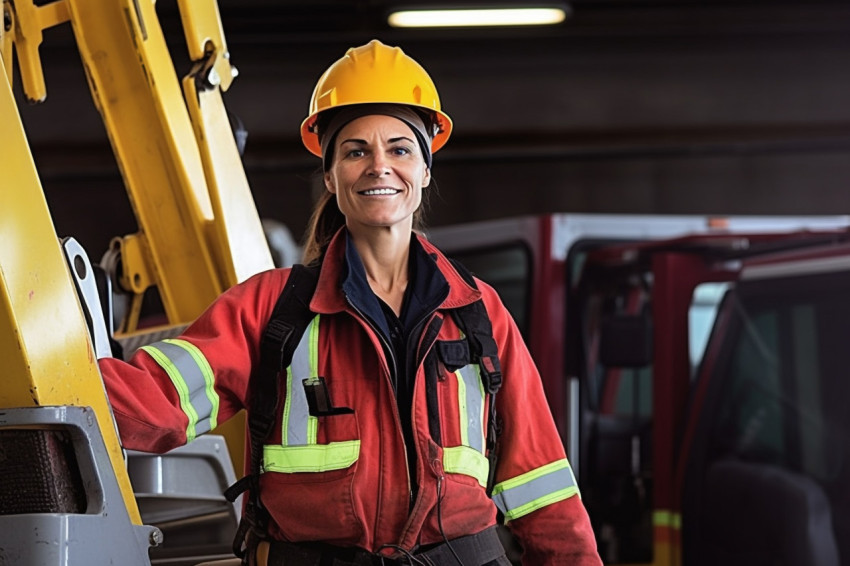 Skilled female crane operator skillfully maneuvers machinery against on a blurred background Skilled female crane operator skillfully maneuvers machinery against on a blurred background