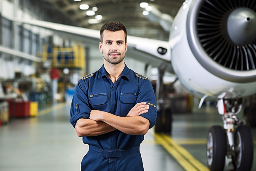 Skilled aircraft mechanic confidently repairs airplane in hangar on a blurred background Skilled aircraft mechanic confidently repairs airplane in hangar on a blurred background