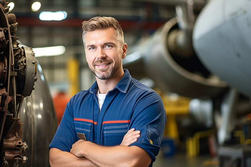 Skilled aircraft mechanic confidently repairs airplane in hangar on a blurred background Skilled aircraft mechanic confidently repairs airplane in hangar on a blurred background