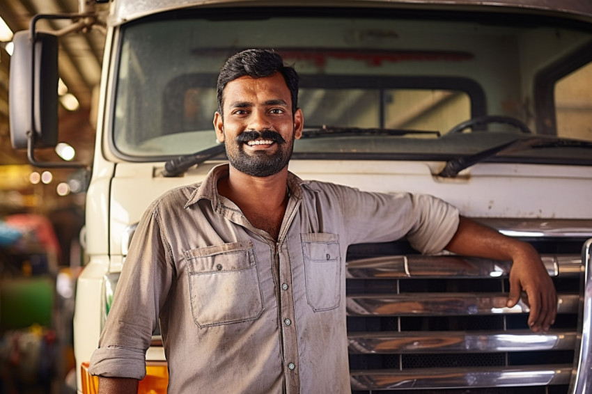 Skilled Indian truck mechanic repairs vehicle with expertise on a blurred background Skilled Indian truck mechanic repairs vehicle with expertise on a blurred background