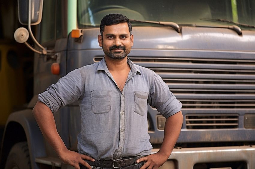 Skilled Indian truck mechanic repairs vehicle with expertise on a blurred background Skilled Indian truck mechanic repairs vehicle with expertise on a blurred background