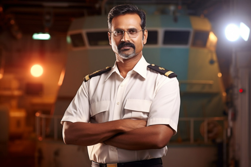 Dedicated Indian ship captain steering vessel on a blurred background Dedicated Indian ship captain steering vessel on a blurred background