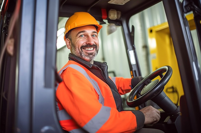 Cheerful forklift operator working with a blurred background Cheerful forklift operator working with a blurred background