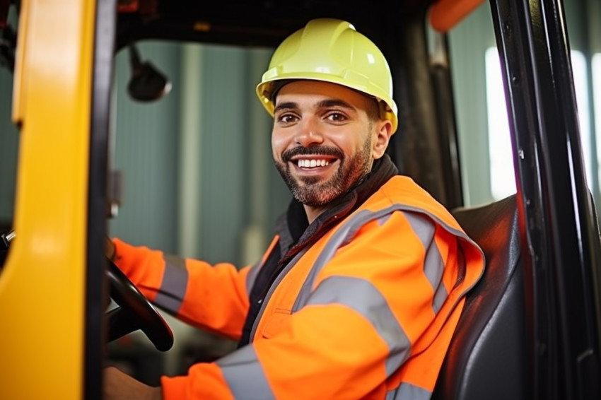 Cheerful forklift operator working with a blurred background Cheerful forklift operator working with a blurred background
