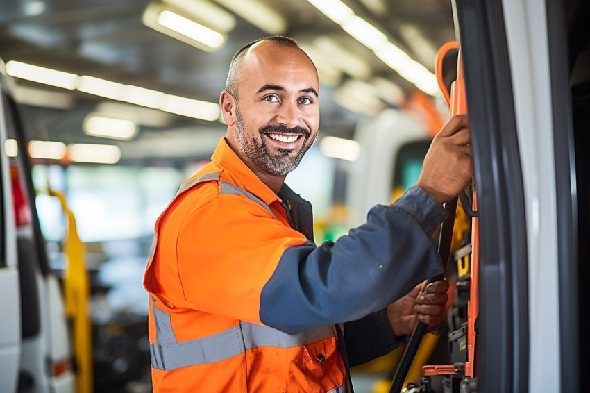 Cheerful bus mechanic repairing vehicle against a blurred background Cheerful bus mechanic repairing vehicle against a blurred background