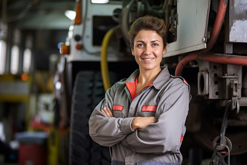 Cheerful female bus mechanic repairs vehicle against on blurred background Cheerful female bus mechanic repairs vehicle against on blurred background