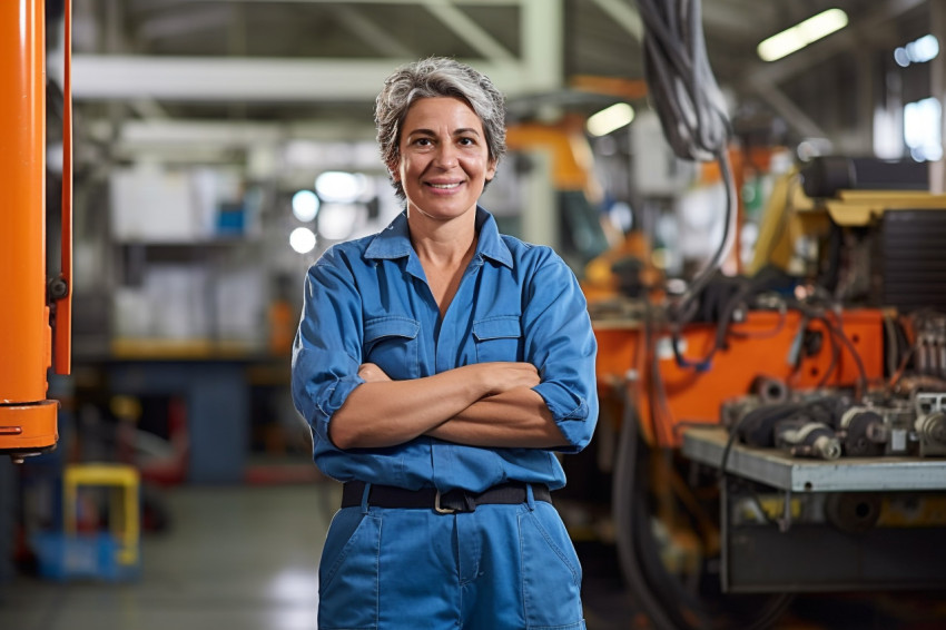 Cheerful female bus mechanic repairs vehicle against on blurred background Cheerful female bus mechanic repairs vehicle against on blurred background