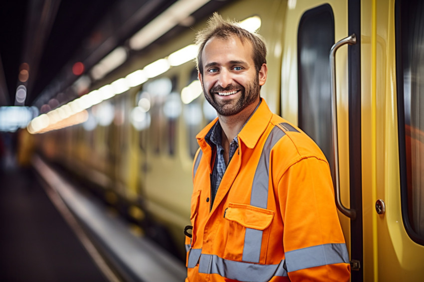 Cheerful train conductor with a welcoming smile on blurred background Cheerful train conductor with a welcoming smile on blurred background