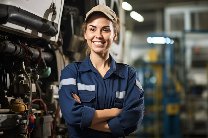 Cheerful female bus mechanic repairs vehicle against on blurred background Cheerful female bus mechanic repairs vehicle against on blurred background