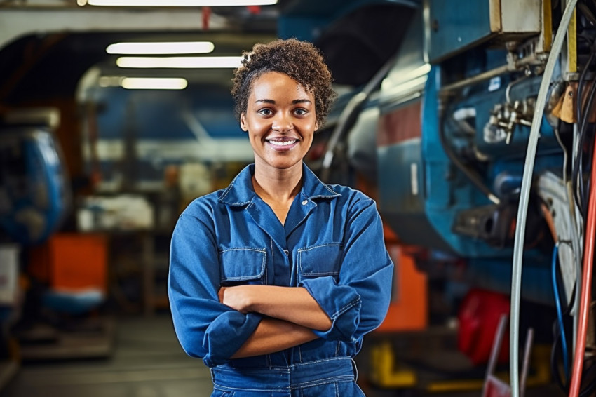 Cheerful female bus mechanic repairs vehicle against on blurred background Cheerful female bus mechanic repairs vehicle against on blurred background