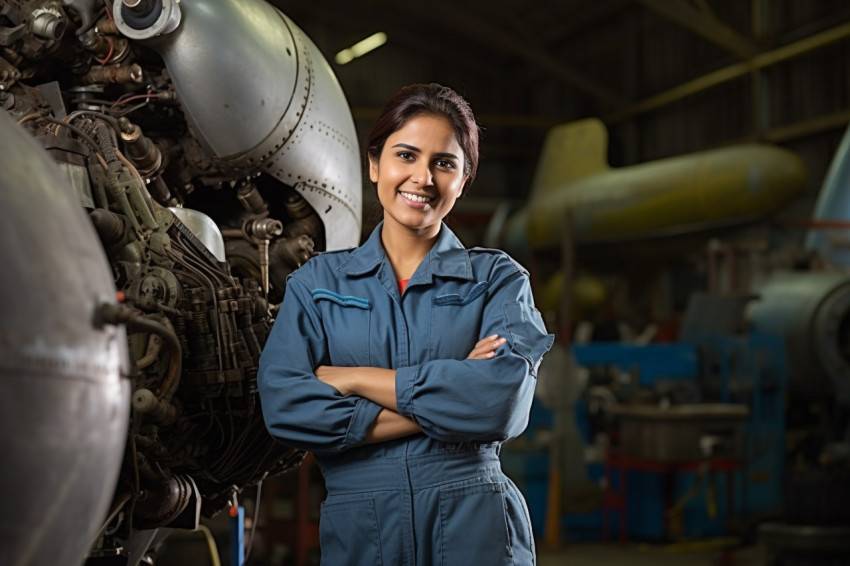 Cheerful Indian woman aircraft mechanic repairs plane against a blurred background Cheerful Indian woman aircraft mechanic repairs plane against a blurred background