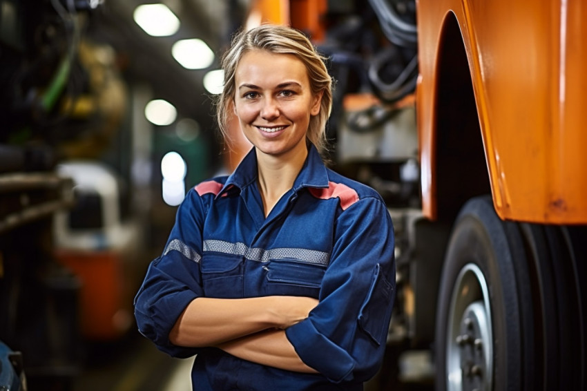Cheerful female train driver working against a blurred background Cheerful female train driver working against a blurred background