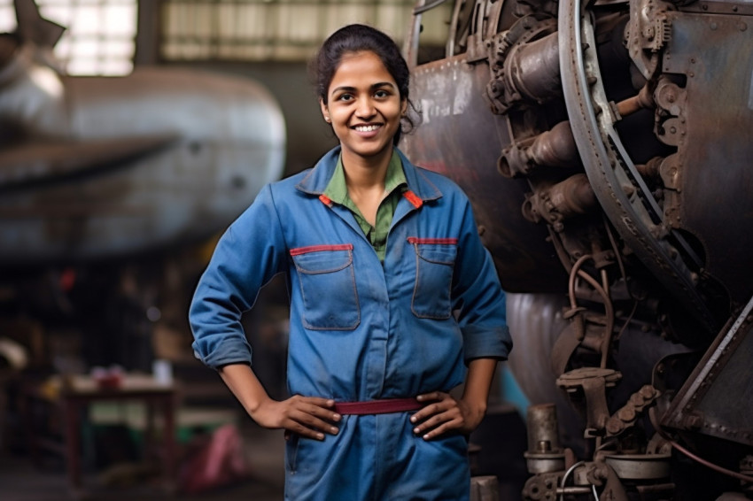 Cheerful Indian woman aircraft mechanic repairs plane against a blurred background Cheerful Indian woman aircraft mechanic repairs plane against a blurred background