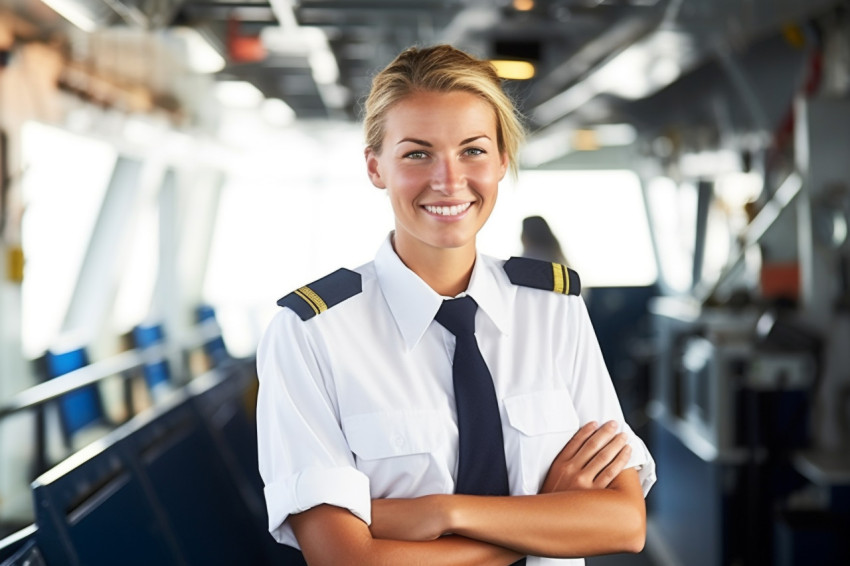Cheerful female ship captain working on blurred background Cheerful female ship captain working on blurred background