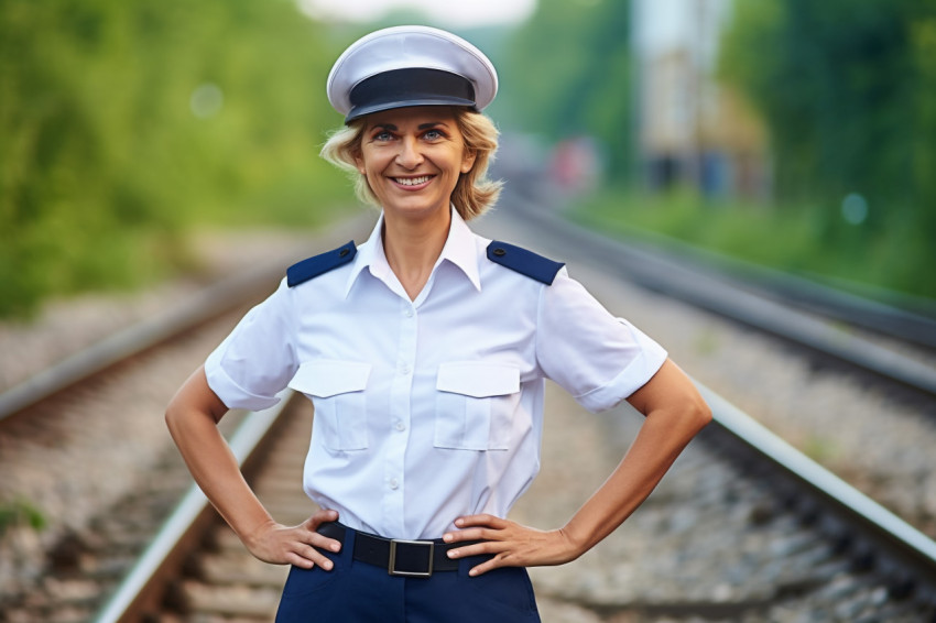 Cheerful female train conductor happily working with a blurred background Cheerful female train conductor happily working with a blurred background