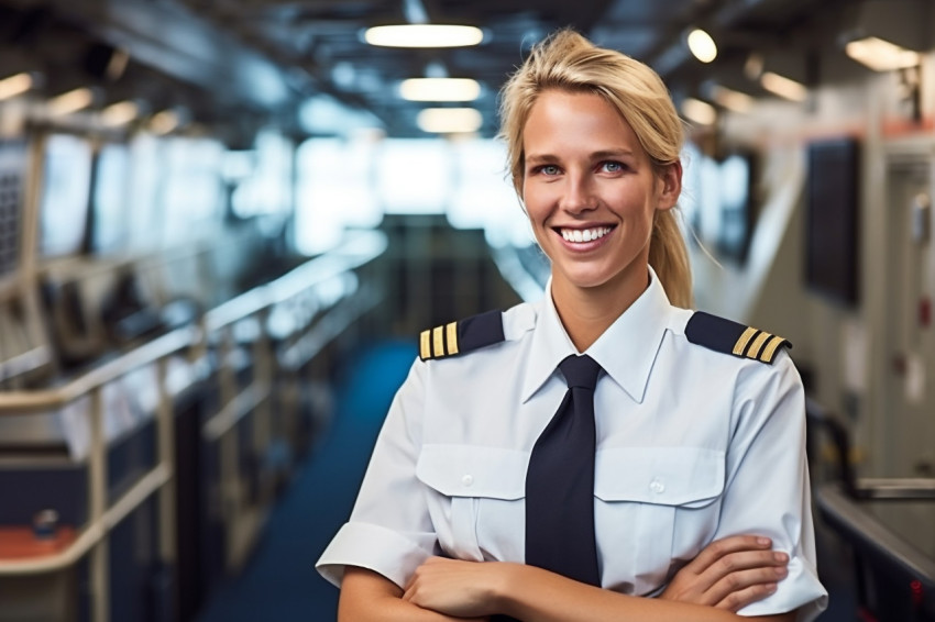 Cheerful female ship captain working on blurred background Cheerful female ship captain working on blurred background