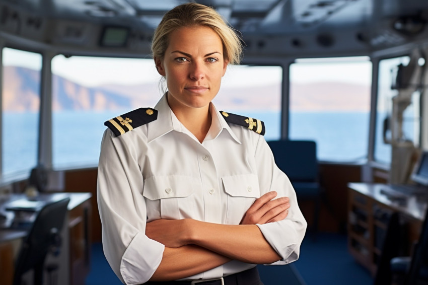 Cheerful female ship captain working on blurred background Cheerful female ship captain working on blurred background