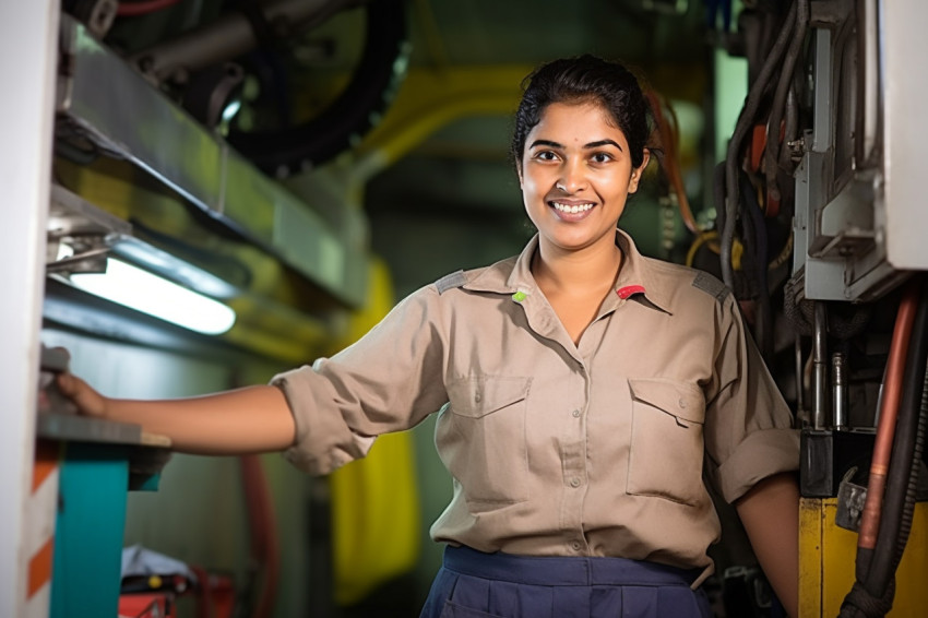 Cheerful Indian woman mechanic fixing a bus in a workshop on blurred background Cheerful Indian woman mechanic fixing a bus in a workshop on blurred background