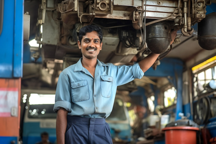 Cheerful Indian woman mechanic fixing a bus in a workshop on blurred background Cheerful Indian woman mechanic fixing a bus in a workshop on blurred background