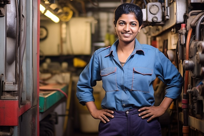 Cheerful Indian woman mechanic fixing a bus in a workshop on blurred background Cheerful Indian woman mechanic fixing a bus in a workshop on blurred background