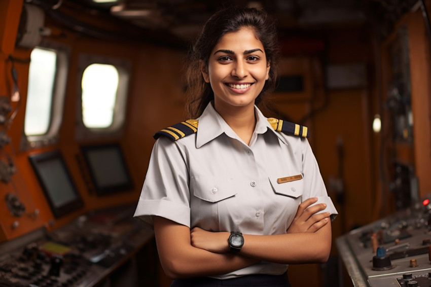 Cheerful Indian female ship captain working against a blurred background Cheerful Indian female ship captain working against a blurred background