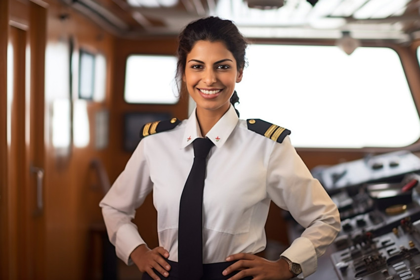 Cheerful Indian female ship captain working against a blurred background Cheerful Indian female ship captain working against a blurred background