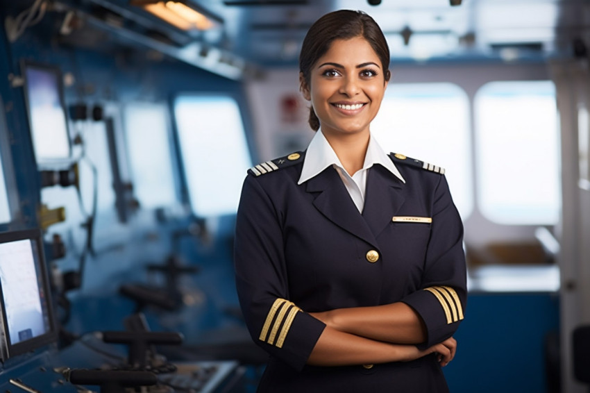 Cheerful Indian female ship captain working against a blurred background Cheerful Indian female ship captain working against a blurred background