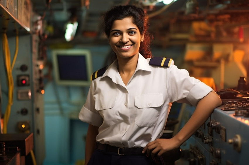 Cheerful Indian female ship captain working against a blurred background Cheerful Indian female ship captain working against a blurred background
