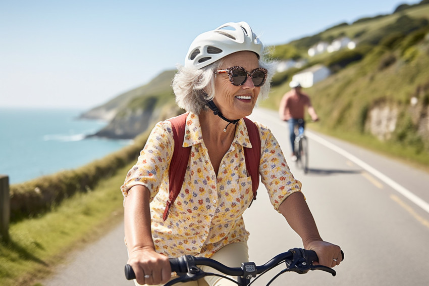 Cheerful woman cycling on scenic coastal trail Cheerful woman cycling on scenic coastal trail