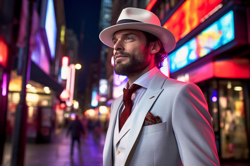 Trendy man enjoying the vibrant nightlife of a metropolitan city Trendy man enjoying the vibrant nightlife of a metropolitan city