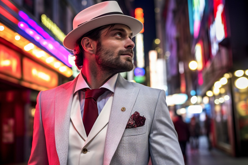 Trendy man enjoying the vibrant nightlife of a metropolitan city Trendy man enjoying the vibrant nightlife of a metropolitan city